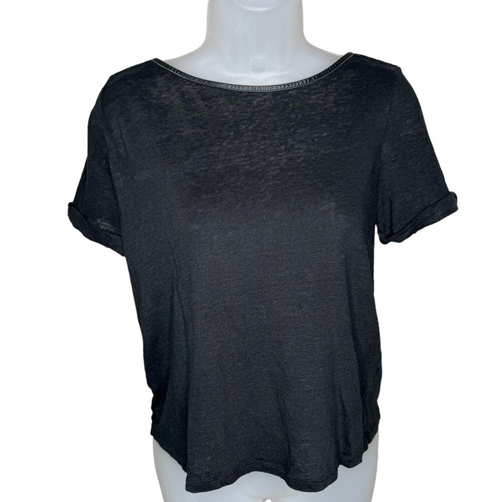 ALICE + OLIVIA Black Leather Criss Cross Back Short Sleeve T-Shirt Women’s